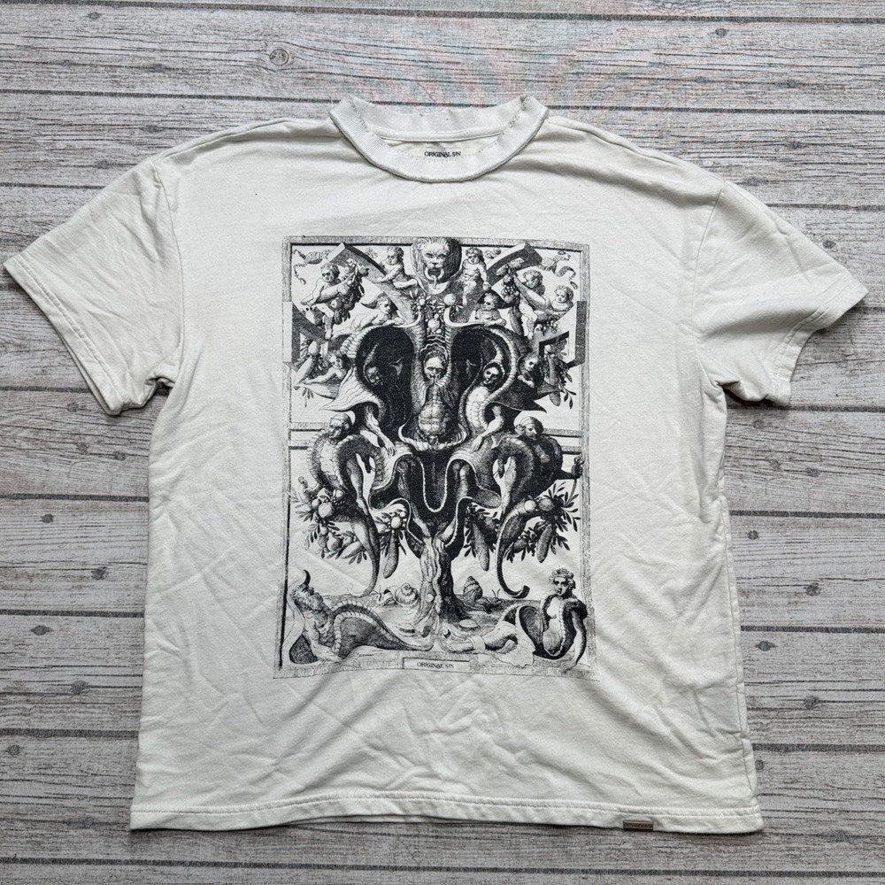 Y2K Original Sin T-Shirt Men's Small White Renaissance Grunge Gothic Thrashed